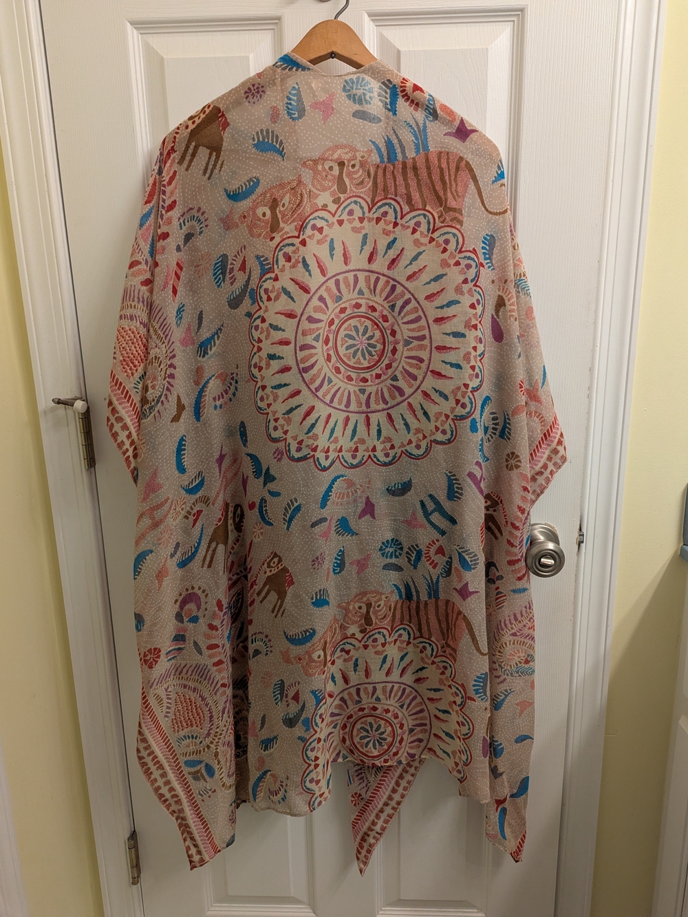 Woven Heart Beige Kimono with Pink, Blue, Teal & Brown Accents
